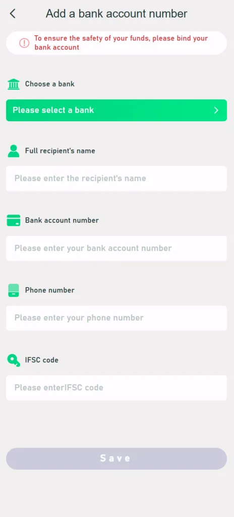 YaarWin add bank account screen
