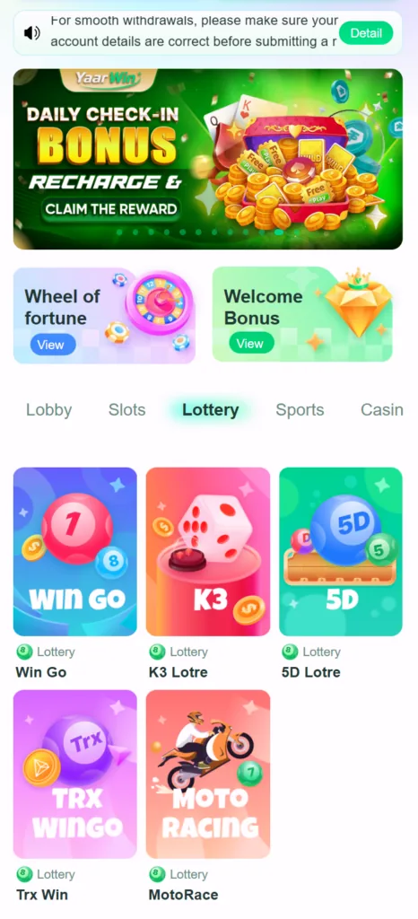 YaarWin games list screen