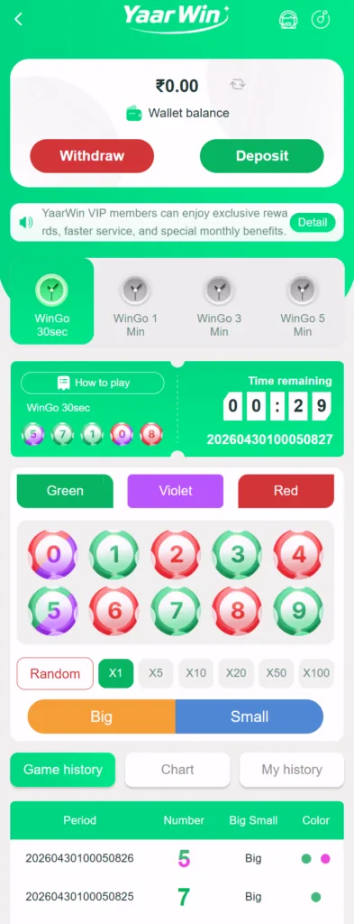 YaarWin Game home screen with game icons