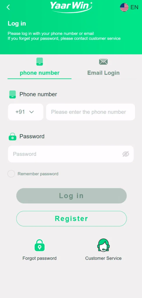 YaarWin login screen