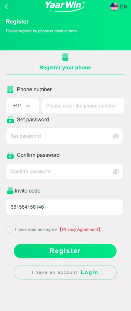 YaarWin register screen